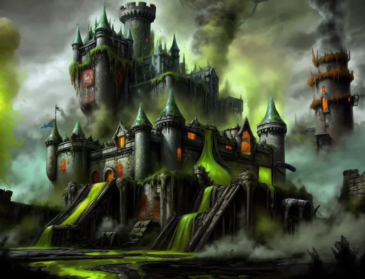 photo of a realistic  <lora:ToxicPunkAI:1>, ruined mega castle, gas, acid, ooze, <lora:more_details:1>