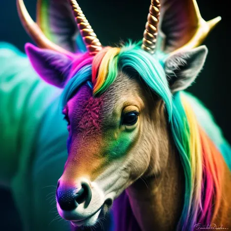 realistic photo of a rainbow colored deer unicorn hybrid
by Gabriel Dawe and Lois van Baarle
highly detailed, intricate, photorealistic analog style photograph