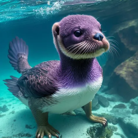 realistic photo of a purple (winged) otter (duck) hybrid underwater
by Cyril Rolando and Karol Bak
highly detailed, intricate, photorealistic analog style photograph