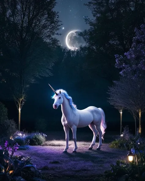 photo of a unicorn in a magical moonlit garden