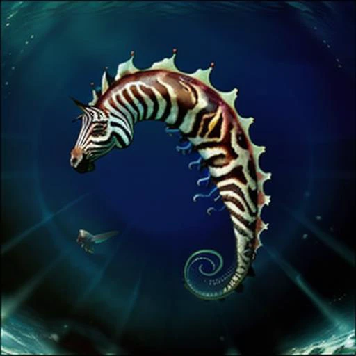 a realistic photo of a zebra seahorse hybrid
