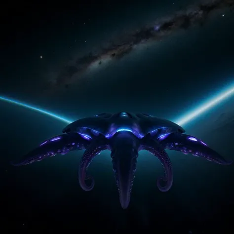 movie about organic aerodynamic octopus shaped spaceship, organism machine hybrid, streamlined tentacle wings, in space with milky way in background, 4k