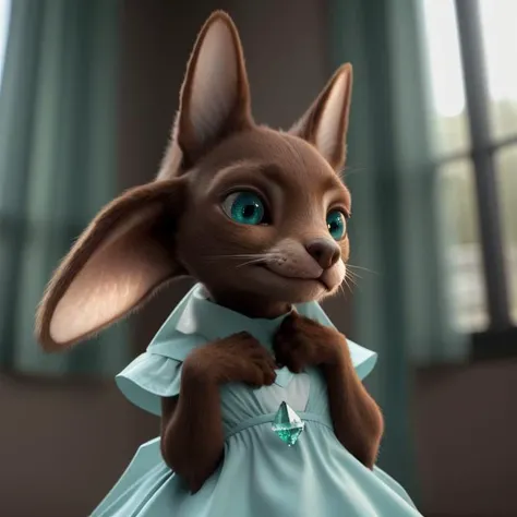 photo of little humanoid with large pointy ears, covered in brown fur, animal fur, tiny nose, small mouth, huge innocent blue colored eyes, soft long furry tail, furry alien animal, 4k 8k HDR, extremely cute, wearing maid dress, green crystal embedded in forehead just above the nose, furry humanoid