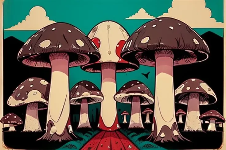 <lora:Lord AK Style - V1:0.95> lord_ak_style, popart, colorful, retro, mushroom field