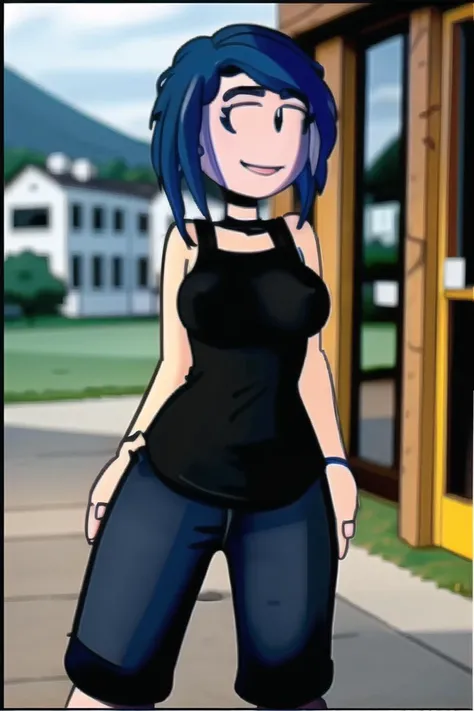 <lora:pringus:0.95> pringus, <lora:Mooskie 2024 SD15:0.9> mooskie, 1girl, solo, blue eyes, short hair, blue hair, closed mouth, breasts, smile, looking at viewer, sleeveless shirt, jeans, sneakers, dancing, outdoors, black_shirt,<lora:lcm_sd15_mini_6mb:1.0>