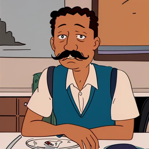 <lora:Randy_Carmichael_-_Rugrats_1992:1.0>randy_carmiichael, 1man, 1boy, male focus, solo, dark skin, black hair, dark-skinned male, facial hair, mustache, parody, sitting, vest, shirt, sweater vest, black eyes, portrait, upper body,, source_cartoon, score_9, score_8_up, score_7_up,<lora:LCM_Mini_SD15_6MB:1>