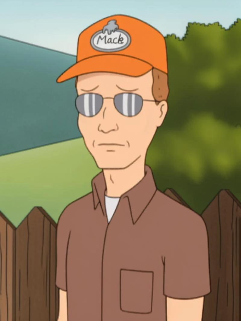 <lora:Dale Gribble - King of the Hill - 1997 - V1:0.85> Dale_Gribble, Orange_mack_track_tracker_hat, sunglasses, brown shirt, white undershirt, dirty blonde hair, <lora:LCM_SD15_2MB:1.0>