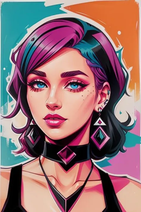 <lora:Lord AK Style - V1-000005:0.75> Lord_AK_Style, popart, colorful, retro,  1girl, solo, looking at viewer, blue eyes, black hair,  bare shoulders, jewelry, collarbone, upper body, pink hair, multicolored hair, earrings, parted lips, choker, two-tone hair, lips, makeup, piercing, paint splatter