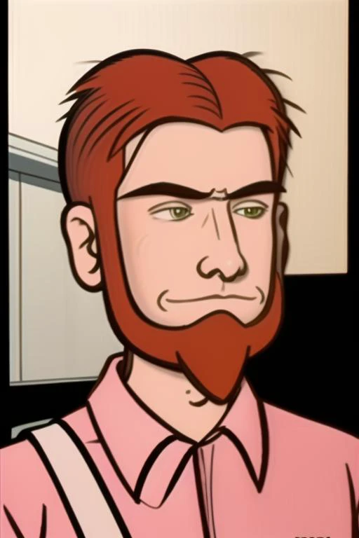 <lora:Mission Hill - Jim Kuback - 1999:1> mh_jim, 1boy, unibrow, red_hair, red_beard, pink_buttondown_shirt, mac_shirt, jeans, yellow sclera, (realistic:1.3), <lora:Add_detail_Furtastic_Detailer:1.5> <lora:Add_realistic:0.3> fcPortrait_Force_Portrait, portrait, close up, looking at viewer, portrait, close up,<lora:LCM_Mini_SD15_6MB:1>