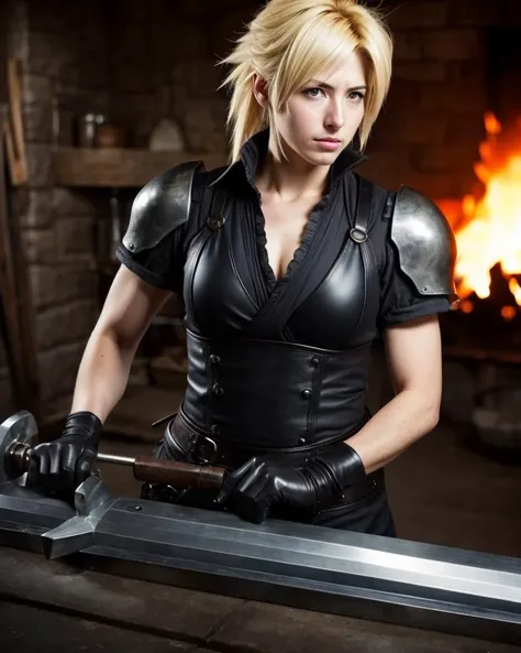 photo of a real life female cloud strife as a blacksmith
highly detailed realistic, sharp focus