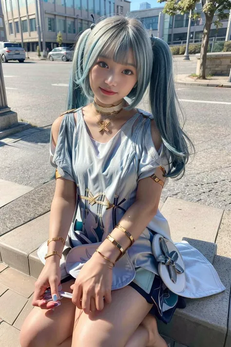(8k, best quality, masterpiece:1.2), (realistic, photo-realistic:1.37), ultra-detailed, (1girl:1.6),cute,beautiful detailed sky,(outdoors:1.4),daytime, sitting, bench, dating,(nose blush),(light smile:1.15),(closed mouth:1.2), breasts,beautiful detailed eyes, (short hair, twintails:1.2),floating hair NovaFrogStyle, (looking at viewer:1.3), (full body:1.3), (small lips:1.2),<lora:add_detail:1>, <lora:mix4:0.4>, <lora:japaneseDollLikeness_v10:0.4> <lora:koreanDollLikeness_v15:0.2>, mix4,<lora:faruzanGenshinImpact_v10:1>, faruzan,1girl, light cyan hair,dress, mature