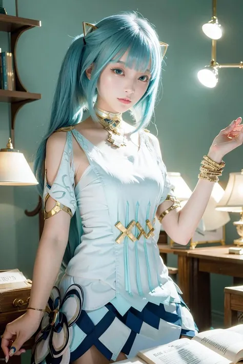 (8k, RAW photo, best quality, masterpiece:1.2), (realistic, photo-realistic:1.37),<lora:koreanDollLikeness_v10:0.5> ,<lora:faruzanGenshinImpact_v10:1.2>,faruzan,1girl,(Kpop idol), (aegyo sal:1),cute,library, professional lighting, photon mapping, radiosity, physically-based rendering,double long bunches,whole body,small breasts,light cyan hair,stacks of books,long hair,dress,