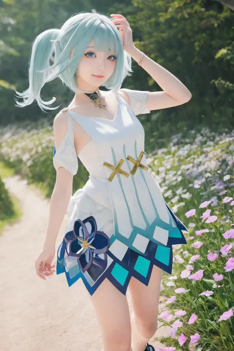 Faruzan \(genshin impact\), twintails,  light cyan hair, Ultra detailed, great composition,
Dynamic angle,[Bottle bottom],(wide shot), 
extremely delicate and beautiful,(Highest picture quality), (Master's work), (Detailed eyes description),(Detailed face description), (fantasy), depth of field, solo,
Beautiful girl,extreme light and shadow, messy hair, masterpiece, rich in detail, (fine features), (highest quality), (masterpiece), (detailed eyes), 
beautiful detailed eyes, (straight-on), full body, walking away from viewer, flower field:1, flower petals falling, summer:1.2, happy, smile, arms stretched,
 <lora:faruzanGenshinImpact_v10:1>,  <lora:MUSE_girlfriend_v2:0.4>