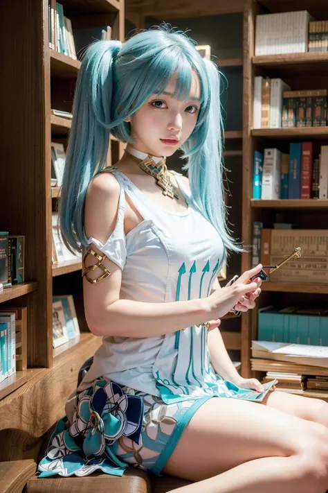 (8k, RAW photo, best quality, masterpiece:1.2), (realistic, photo-realistic:1.37),faruzan,1girl,(Kpop idol), (aegyo sal:1),cute,library, professional lighting, photon mapping, radiosity, physically-based rendering,double long bunches,whole body,small breasts,light cyan hair,stacks of books,long hair,dress,twintails,closed mouth,