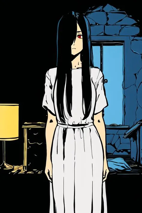 ((masterpiece)),(best quality), absurdres,sadako_yamamura,red eyes, white dress,<lora:Sadakobest:0.8>, <lora:limitedBlueStyleLORA_v1:1>,limited palette, backlight, filllight,
