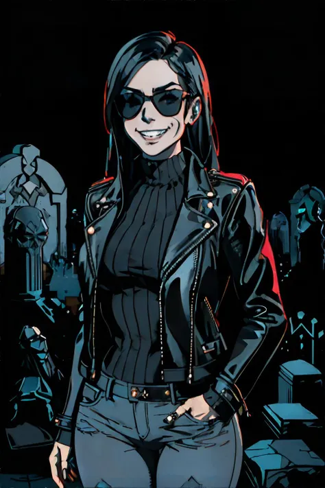 <lora:limitedblue:0.8>, limited palette, woman wearing leather jacket, jeans, sunglasses, wicked grin, graveyard, night time || masterpiece, perfect quality, sharp focus, shallow depth of field, 8k