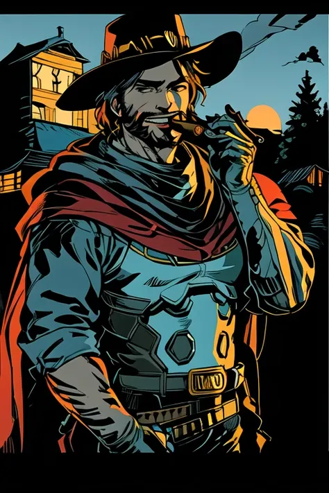 mccree, western setting, red poncho, cape, setting sun in background, smile, confident pose, cigar in mouth, <lora:McCreeOverwatch_v1:0.7>, best quality, <lora:limitedBluePaletteLORA_v1:1>, limited palette