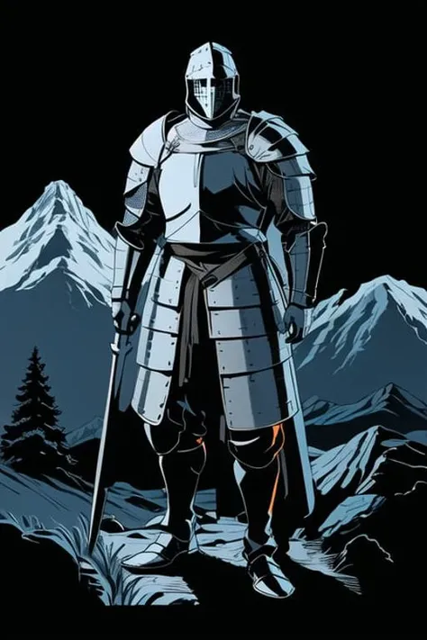medieval knight, mature, leather armor, mountains, best quality, <lora:limitedBluePaletteLORA_v1:1>, limited palette