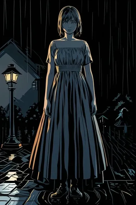 1girl, mature, dress, rain, moonlight, best quality, <lora:limitedBluePaletteLORA_v1:1>, limited palette