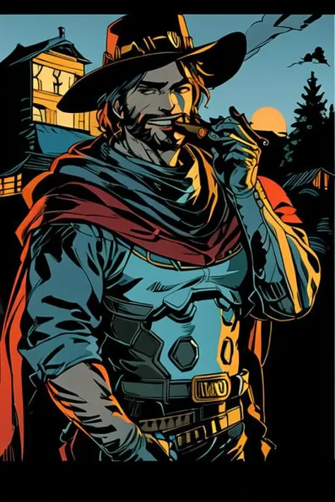 mccree, western setting, red poncho, cape, setting sun in background, smile, confident pose, cigar in mouth, <lora:McCreeOverwatch_v1:0.7>, best quality, <lora:limitedBluePaletteLORA_v1:1>, limited palette