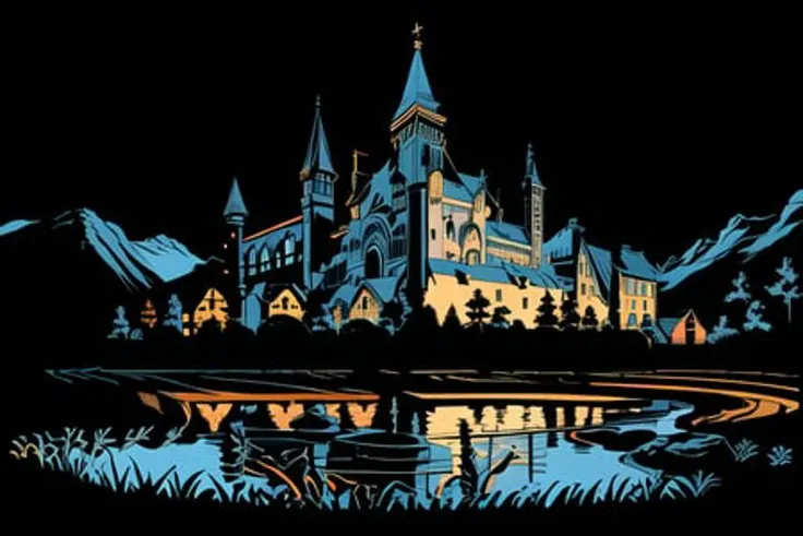 best quality, fantasy medieval castle, lake with reflection, forrest in background, masterpiece, best quality, <lora:limitedBlueStyleLORA_v1:1>, limited palette