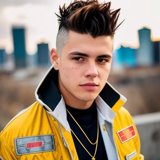 RAW photo, a close up portrait photo of 20 y.o 1boy, solo, realistic,shirt,jacket, cyberpunk, spiked hair,brown hair, yellow jacket, background is city ruins, (high detailed skin:1.2), 8k uhd, dslr, soft lighting, high quality, film grain, Fujifilm XT3, highly detailed background <lora:davidMartinez_davidMartinez:1>
