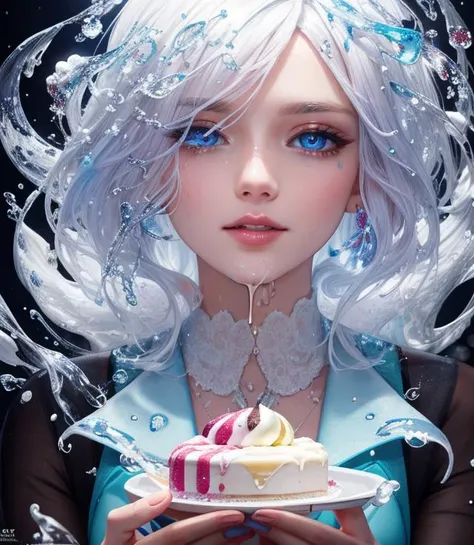 a ice cream, cake, liquid made of liquid splashes, merging, melting, splashing, droplets, mixing, fading away, exploding, swirling, intricate detail, modelshoot style, dreamlikeart, dramatic lighting. 8k, highly detailed, trending artstation