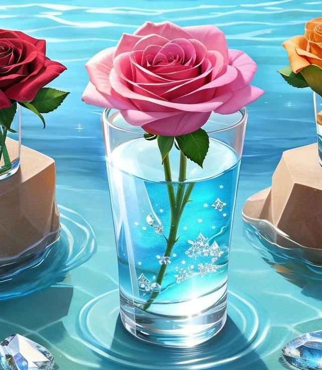 flowers roses, stones transparent and diamond crystal in water, beach, fantasy, HD, 8K ,