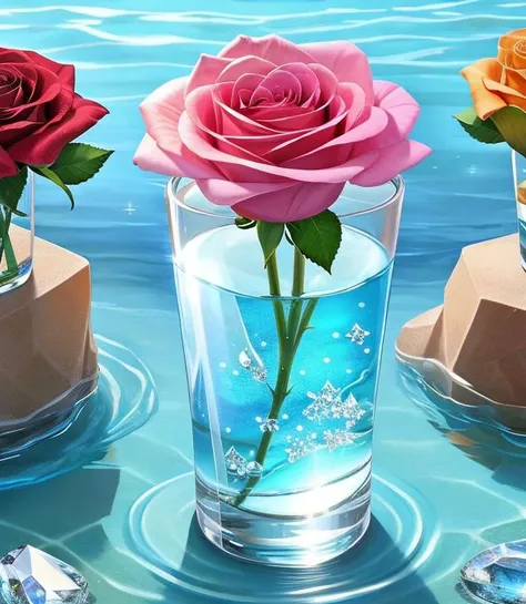 flowers roses, stones transparent and diamond crystal in water, beach, fantasy, HD, 8K ,