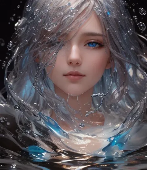 a liquid made of liquid splashes, merging, melting, splashing, droplets, mixing, fading away, exploding, swirling, intricate detail, modelshoot style, dreamlikeart, dramatic lighting. 8k, highly detailed, trending artstation