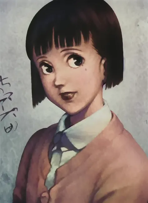 a painting of a young girl with a tie on her neck and a name written on the wall behind her, 1girl, solo, short_hair, bangs, looking_at_viewer, blunt_bangs, upper_body, black_hair