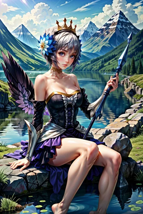 (masterpiece, (best quality:1.19))
OdinSphereGwendolyn, 1girl, solo, breasts, short hair, hair ornament, dress, cleavage, bare shoulders, sitting, purple eyes, weapon, white hair, grey hair, detached sleeves, wings, barefoot, choker, day, water, armor, feet, strapless, grass, crown, polearm, nature, strapless dress, spear, mountain, armored dress, lake <lora:epi_noiseoffset2:1> <lora:add_detail:0.7> <lora:OdinSphereGwendolyn:0.8>