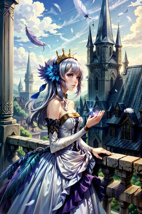Princess, princess dress, purple dress, puffy sleeves, breasts, tan skin, crown, long hair, silver hair, blue eyes, teasing, diamonds, jewelry, earings, 1girl, solo, mastrpiece, climbing, climbing up