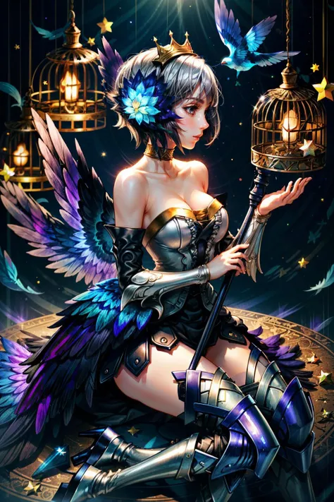 (masterpiece, best quality)
OdinSphereGwendolyn, 1girl, solo, breasts, short hair, hair ornament, dress, cleavage, bare shoulders, medium breasts, sitting, purple eyes, weapon, white hair, grey hair, boots, detached sleeves, wings, choker, (star:1.1) (symbol), armor, strapless, profile, bird, feathers, crown, polearm, strapless dress, spear, armored dress, greaves, multiple wings, cage, multicolored wings, birdcage  <lora:epi_noiseoffset2:1>  <lora:add_detail:0.7>  <lora:OdinSphereGwendolyn:0.8>