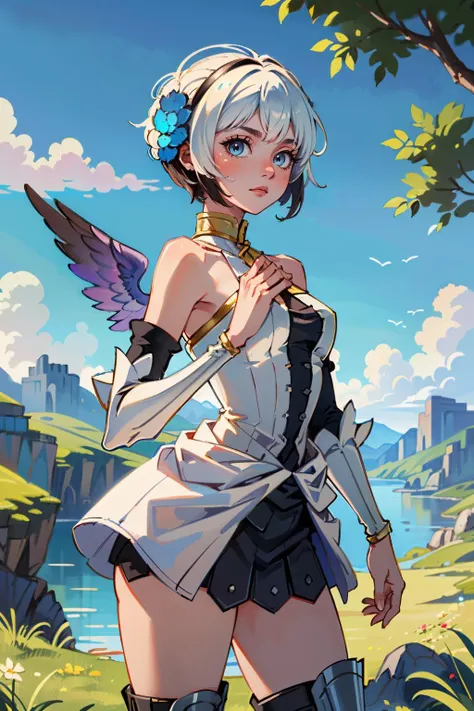 ( masterpiece, best quality, highres:1.3)
<lora:OdinSphereGwendolyn:0.8>
OdinSphereGwendolyn, 1girl, white hair, short hair, wings, stunning landscape, fantasy