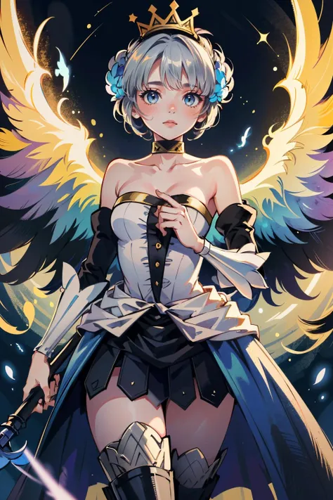 ( masterpiece, best quality, highres:1.3)
 <lora:OdinSphereGwendolyn:0.8>
OdinSphereGwendolyn, 1girl, solo, thighhighs, dress, bare shoulders, weapon, detached sleeves, wings, choker, armor, strapless, bird, crown, polearm, strapless dress, spear, armored dress, multiple wings, multicolored wings in the darkness, bright stars, atmosphere