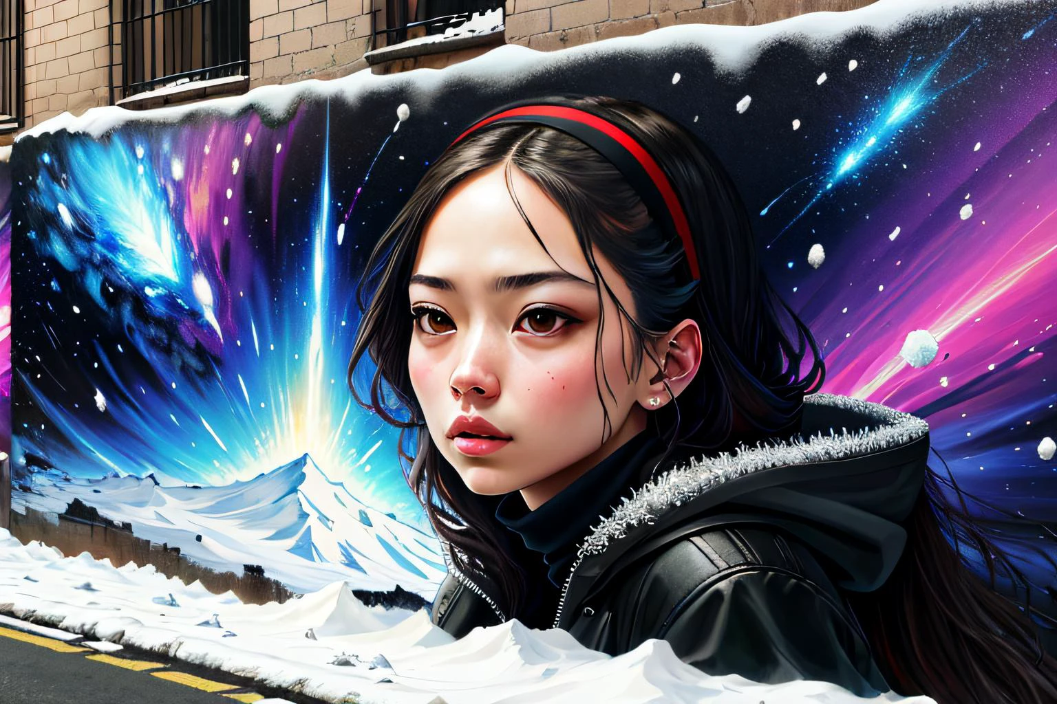 ((best quality)), ((masterpiece)), (detailed), (realistic), man Street Art, humorous, Caravaggio, Graffiti, Nebula, Snow