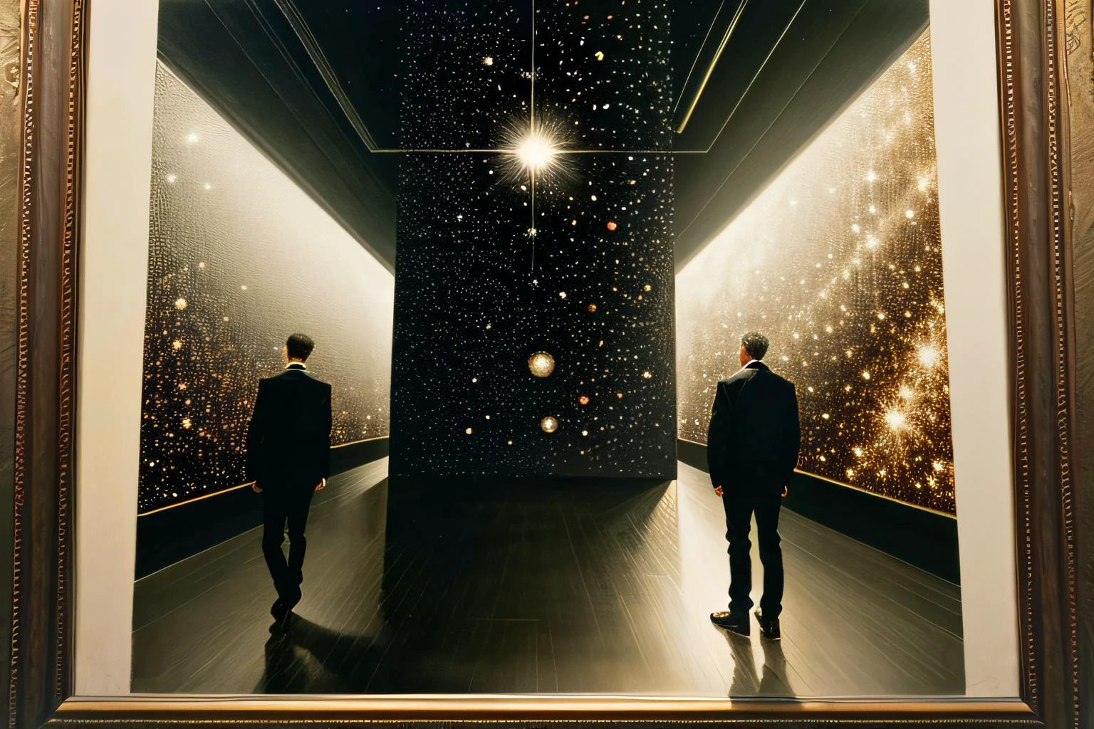 ((best quality)), ((masterpiece)), (detailed), (realistic), man mannerism oil painting, ornamental, Garry Winogrand, Minimalistic, Galaxy, Glow