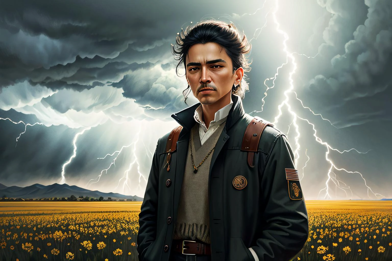 ((best quality)), ((masterpiece)), (detailed), (realistic), man Color Field Painting, inspiring, Kahlo, Indian, Lightning, Bend