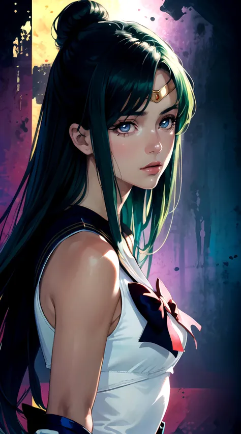 (masterpiece, best quality:1.2), high detail, intricate detail, photo-realistic, hyper-realistic, (full medium shot:1.1), cowboy shot, RAW photo, 1girl, gorgeous symmetrical face, detailed facial features, SkinDetail, waist up shot, sailor pluto, single hair bun, tiara, sailor senshi uniform, long dark green hair, single hair bun, detailed skin texture, perfecteyes eyes, photo of perfecteyes eyes, (blush:0.5), (goosebumps:0.5), subsurface scattering, knee high dark blue boots with white trim, bow, white gloves, elbow gloves, dark blue pleated skirt, 1990s \(style\), v waistline, long gloves, (artistic abstract colorful background:1.5), ray tracing, headband, sun light reflecting off armor, shadow casting, , 8k, dslr photo, HD, UHD, sharp focus, beautiful lighting, Cinematic film still, fcDetailPortrait, <lora:GoodHands-beta2:0.8>, <lora:sailormoon_sailorpluto-11:0.9>, <lora:locon_perfecteyes_v1_from_v1_64_32:0.6>