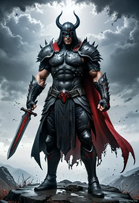 A stunning, highly detailed dark fantasy full body illustration of a proud demonic muscular male warrior wearing intricate medieval black HKStyle armor and an epic black ornamented mask, holding a great crimson glowing sword, red glooming eyes, , wearing big gauntlets, epic composition. The warrior stands heroic with a flowing cloak and black hood during a storm with foggy gloom, thunderclouds in the background . The scene depicts him with brooding emotional agony , style by Greg Rutkowski, by Milo Manara and Russ Mills, with insanely intricate details and textures, gloomy dramatic lighting, 8K resolution. <lora:HKStyle:1>