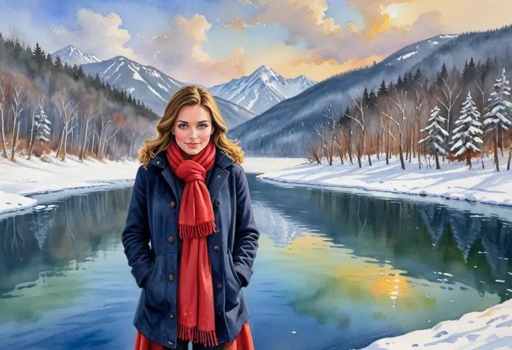 Watercolor painting devotion style mystery 
woman with imagenary friend on lake in winter  . Vibrant, beautiful, painterly, detailed, textural, artistic