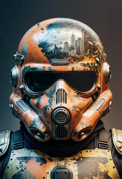 orangeblack, vaultboystyle, double exposure, doubleexposurestyle, power armor helmet, nuclear wasteland scene, atomic bomb, symmetrical,
