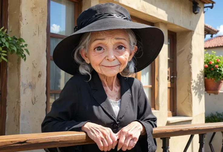 anime artwork old granny with wrinkled face on balcony in sunshine,
undertake in black suite calling her, wearing zylinder_hat . anime style, key visual, vibrant, studio anime, highly detailed