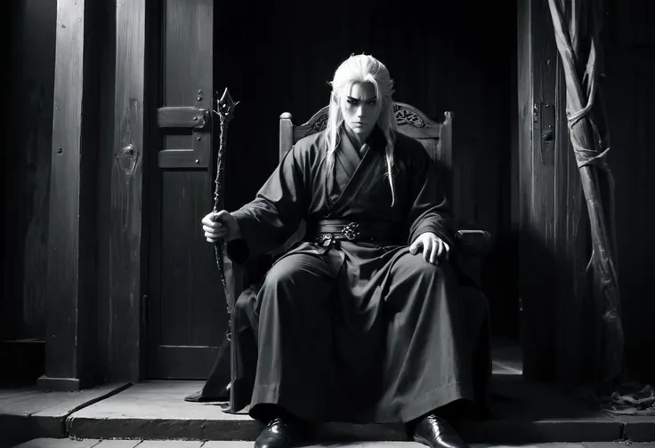 Film noir style hybrid door (wood:.6:carrot:.5)
entrance to seiken densetsu 2,
door is half open
behind evil and demon are waiting, holding, holding staff, lich, looking at viewer, male focus, robe, sitting, solo, staff, throne, white hair . Monochrome, high contrast, dramatic shadows, 1940s style, mysterious, cinematic