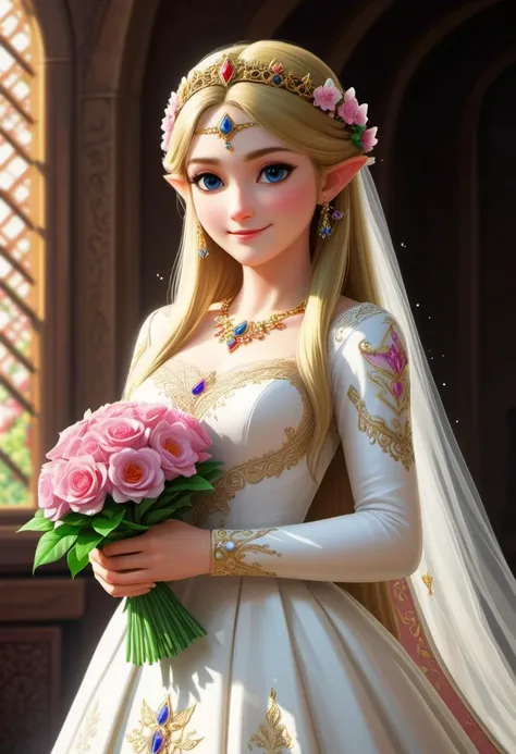 score_9, score_8_up, score_7_up, 
high quality illustration of princcess Zelda from the videogame Zelda at her wedding,
wearing a intricate hyrulian wedding dress, innocent, blushing, smiling, holding a flower bouquet,
best quality, masterpiece.
realistic, soft warm light