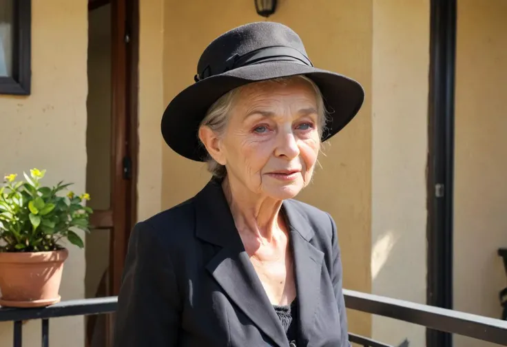 old granny with wrinkled face on balcony in sunshine,
undertake in black suite calling her, wearing zylinder_hat
