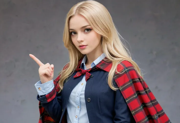 blonde hair, cape, long hair, plaid, plaid shirt, pointing, red eyes, solo