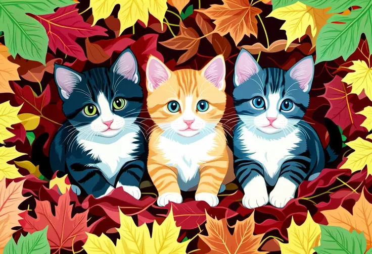 score_9, score_8_up, score_7_up, 
pop Art style, three kittens under a pile of leaves, garden, autumn
. bright colors, bold outlines, popular culture themes, ironic or kitsch