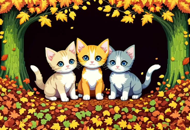 score_9, score_8_up, score_7_up, 
pixel-art, three kittens under a pile of leaves, garden, autumn
. low-res, blocky, pixel art style, 8-bit graphics